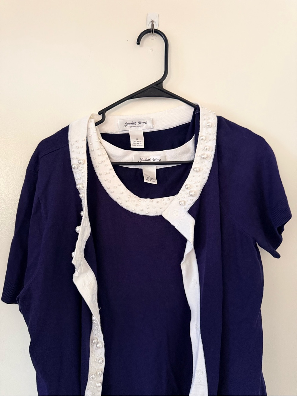 Judith Hart Navy Short-Sleeve Top with Embellished White Collar